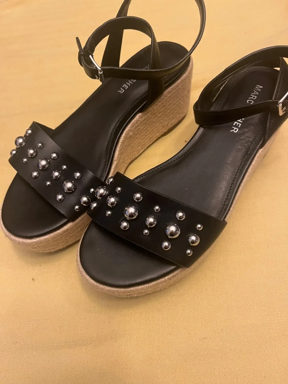 Marc Fisher Black Studded Espadrille Wedge Sandals with Ankle Strap size 6